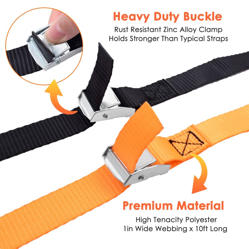أسيلاين Acelane Lashing Straps 10' x 1'' Cam Buckle Tie Down Straps شديدة التحمل تصل إلى 800 رطل للبضائع والأمتعة والدراجات النارية وقوارب الكاياك وألواح ركوب الأمواج والأثاث والأجهزة المتحركة (4 قطع باللون الأسود والبرتقالي) - Image 2